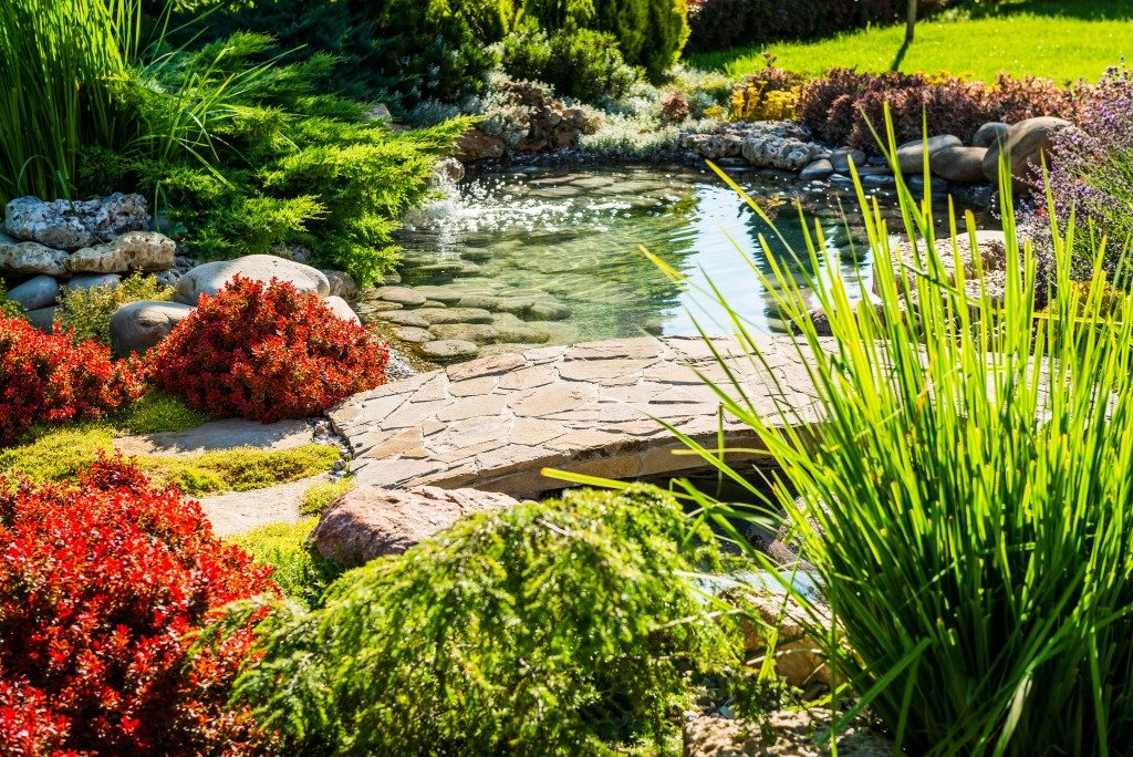 beautiful backyard with a pond