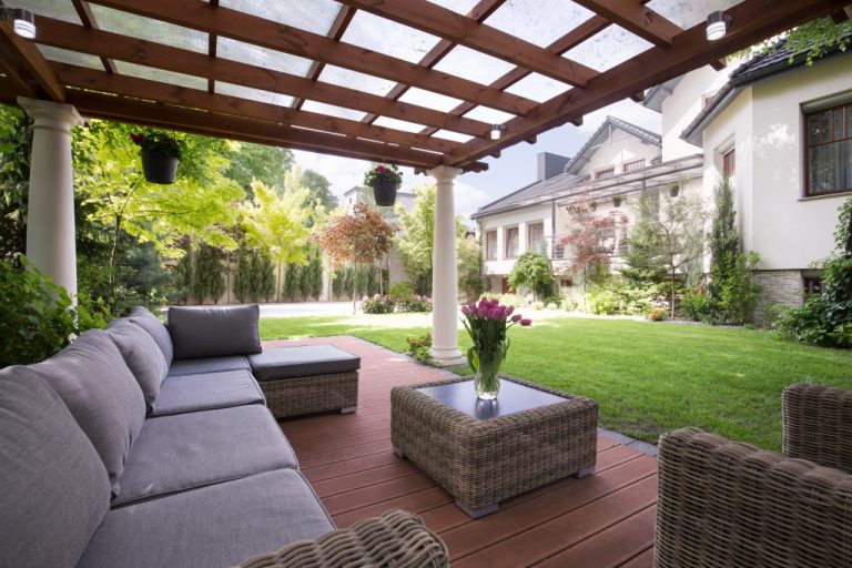 patio with luxury furniture overlooking the garden